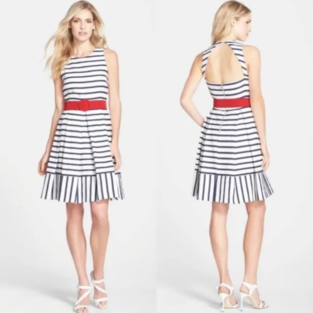 Eliza J Striped Nautical Patriotic Spring Navy White Fit and Flare Lined Belted